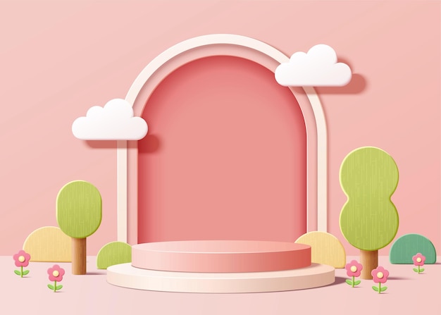 Toile de fond abstraite pour l'affichage du produit podium rose avec des arbres et des plantes en illustration 3D