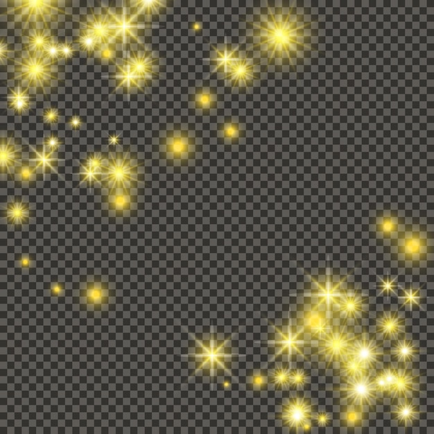 Toile de fond dorée avec étoiles et étincelles de poussière isolées sur fond transparent foncé célébration magique de Noël effet de lumière brillante illustration vectoriel