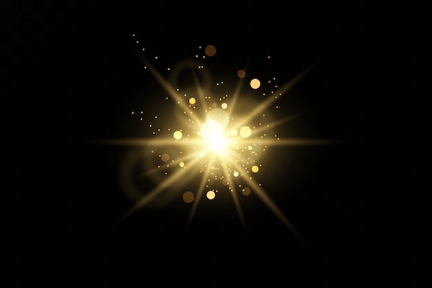 Étoiles d'or brillantes isolées. Effets, reflets, lignes, paillettes, explosion, lumière dorée. illustration.