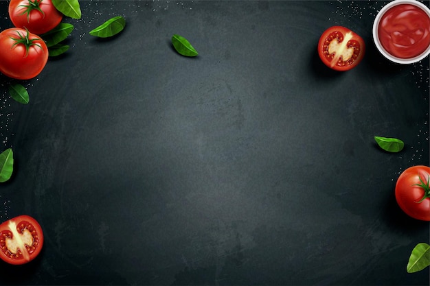 Tomate fraîche et basilic sur tableau noir en illustration 3d