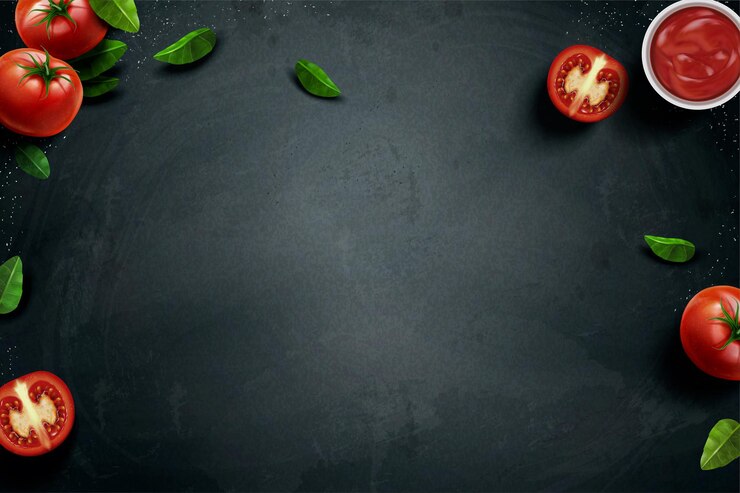Vecteur tomate fraîche et basilic sur tableau noir en illustration 3d