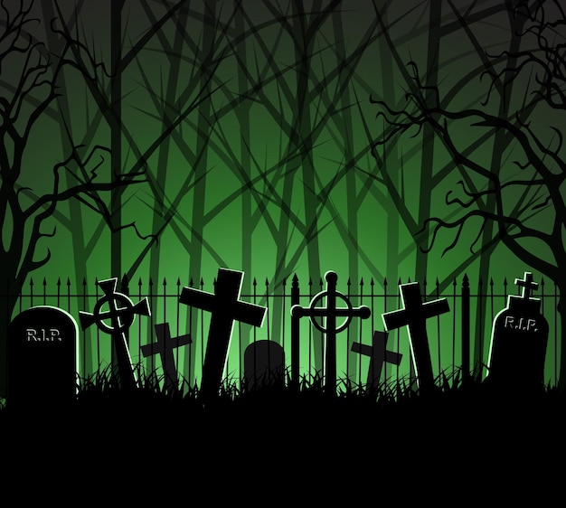 Tombe de cimetière de cimetière dans la forêt, fond d'Halloween, illustration vectorielle