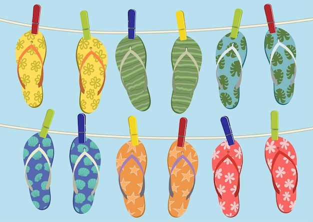 Vecteur tongs colorées suspendues à la corde. illustration de l'été.