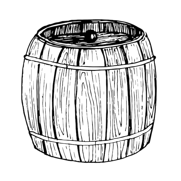 Tonneau en bois pour croquis de bière ou de vin avec fût pour rhum et miel Illustration vintage de tonneau pour logo ou icône en style gravé