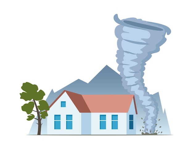 Une tornade s'approche de la maison Une tornade avec des torsions en spirale détruit des bâtiments