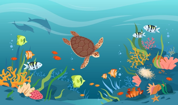 Tortue Dans Les Eaux De La Mer Ou De L'océan Faune Tropicale Sous-marine Animaux Aquatiques Et Poissons