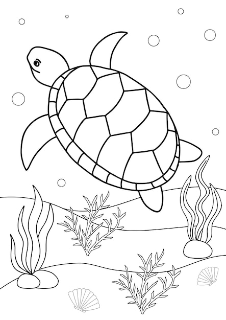 Tortue de dessin animé mignon Livre ou page de coloriage pour les enfants Vie marine