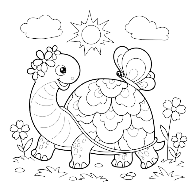 Vecteur tortue de dessin animé avec un papillon sur le dos dessin linéaire noir et blanc pour la conception de livres de coloriage pour enfants imprime des affiches, des cartes, des autocollants, des puzzles, etc.