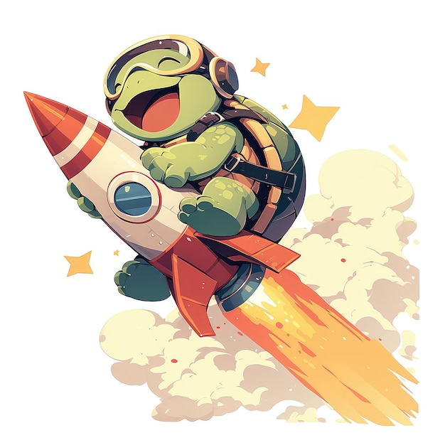 Une tortue sur une fusée dans le style des dessins animés