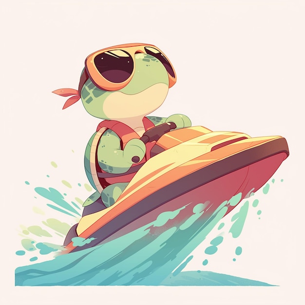 Une Tortue Sur Un Jet-ski Dans Le Style Des Dessins Animés