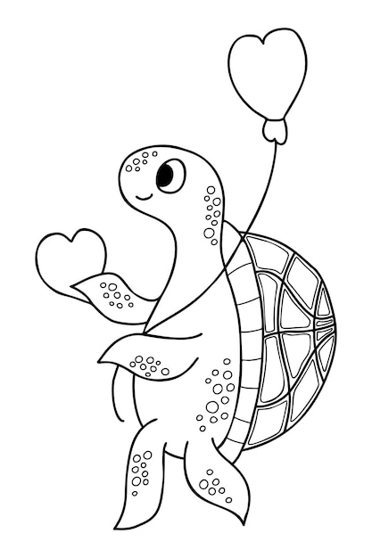 Vecteur tortue mignonne avec coeur et ballon contour dessin dessin animé drôle animal