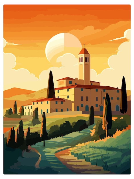 Vecteur toscane italie décoration affiche de voyage vintage souvenir carte postale portrait peinture illustration wpa