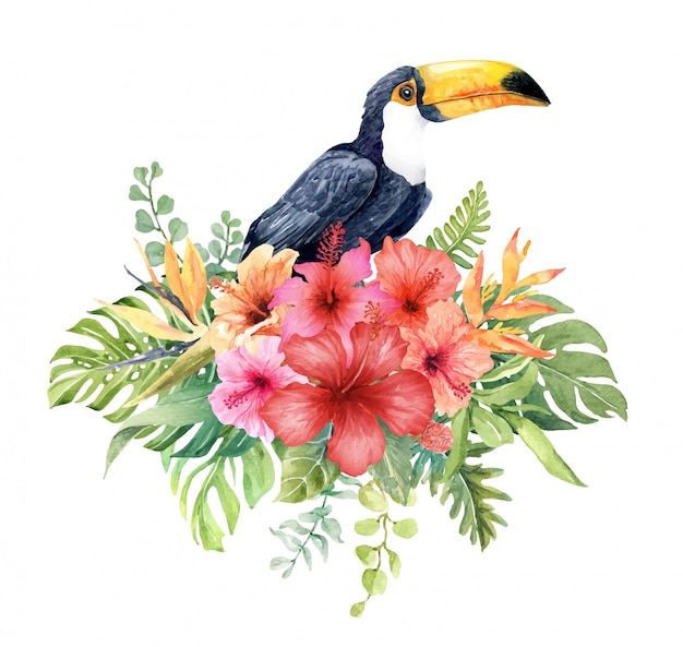 Toucan aquarelle en bouquet de fleurs d&#39;hibiscus