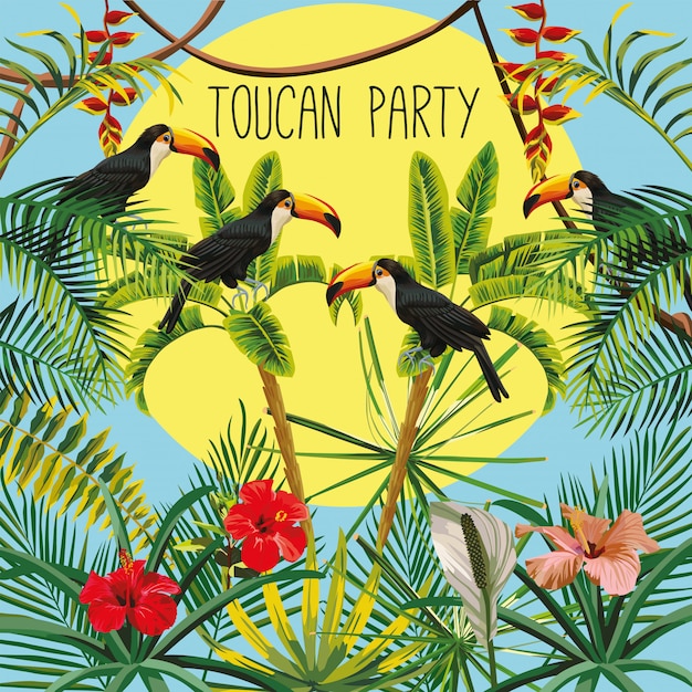 Vecteur toucan fête slogan banane palmier fleurs feuilles et soleil ciel