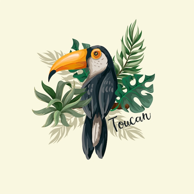 Toucan Avec Feuilles Tropicales.