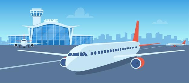 Tour de contrôle du bâtiment du terminal de l'aéroport et grands avions sur la piste du bâtiment de la ville
