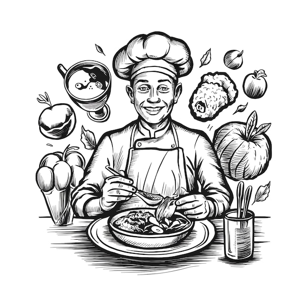 Vecteur tour culinaire vectoriel dessin à l'encre au crayon dessin en noir et blanc style de gravure monochrome