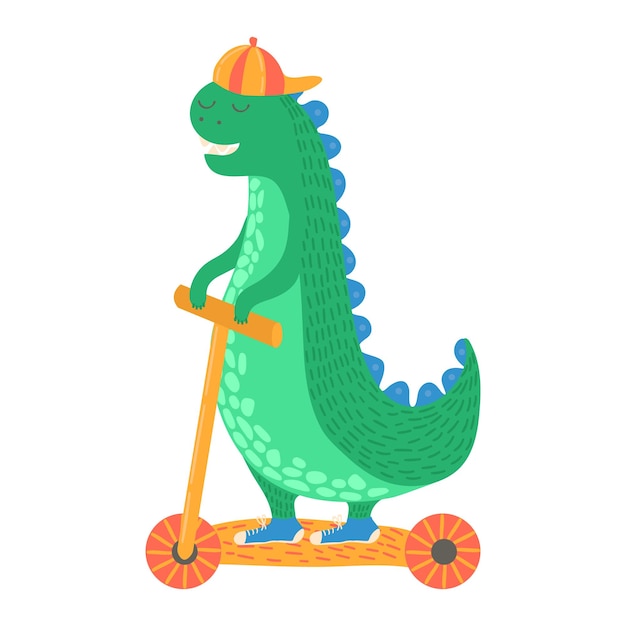 Vecteur tour de dinosaure de dessin animé à la mode sur illustration vectorielle de transport fun scooter véhicule plat style isolé sur blanc