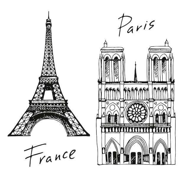 Tour Eiffel et cathédrale Notre-Dame de Paris à Paris France illustration vectorielle