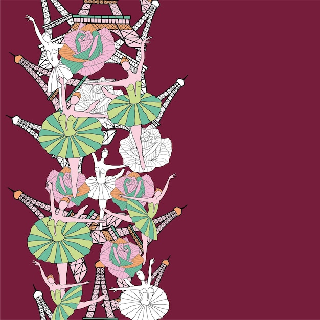 Tour Eiffel Dancing Girls And Roses Seamless Pattern Fond De Vecteur Français Conception De Tissu Vintage Dans Des Couleurs Pastel Conception Verticale