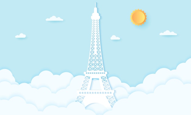 Tour Eiffel Avec Des Nuages, Style Art Papier