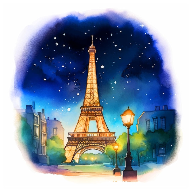 Tour Eiffel De Paris La Nuit Peinture Aquarelle