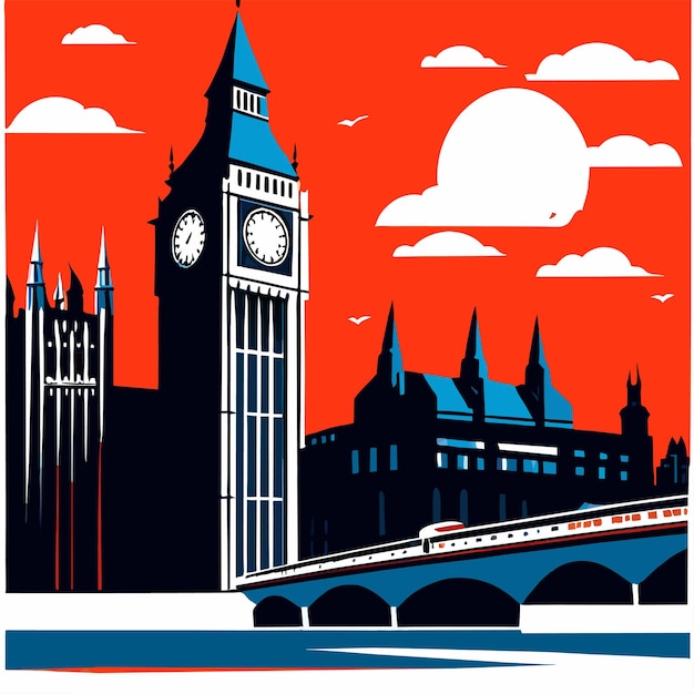 Vecteur la tour de l'horloge big ben et la rivière tamise à londres illustration vectorielle