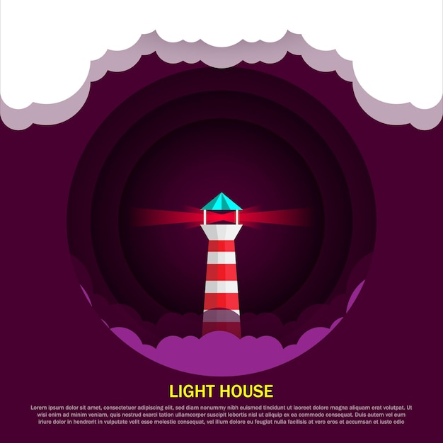 Vecteur tour de phare avec un rayon de lumière et illustration vectorielle de papier découpé design