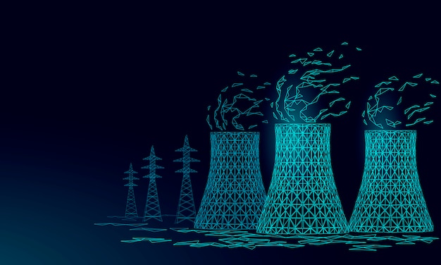 Tour De Refroidissement De Centrale Nucléaire Low Poly. Rendre L'écologie Pollution Sauver Planète Environnement Concept Triangle Polygonale. électricité Des Réacteurs Nucléaires Radioactifs