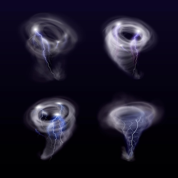 Tourbillon réaliste avec foudre Tornade d'ouragan isolée Tempête de tornade dans le ciel Tourbillon de vent ou de fumée entonnoir Nature effet cyclone spirale tempête vortex illustration vectorielle exacte