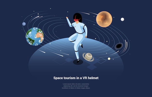 Tourisme spatial dans l'illustration du concept de casque VR. Composition De Vecteur Isométrique Dans Le Style De Dessin Animé 3D. Technologie de réalité virtuelle, formation de cosmonautes dans des lunettes, système solaire, planètes, étoiles volantes