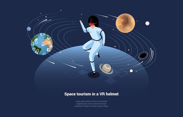 Tourisme Spatial Dans L'illustration Du Concept De Casque Vr. Composition De Vecteur Isométrique Dans Le Style De Dessin Animé 3d. Technologie De Réalité Virtuelle, Formation De Cosmonautes Dans Des Lunettes, Système Solaire, Planètes, étoiles Volantes