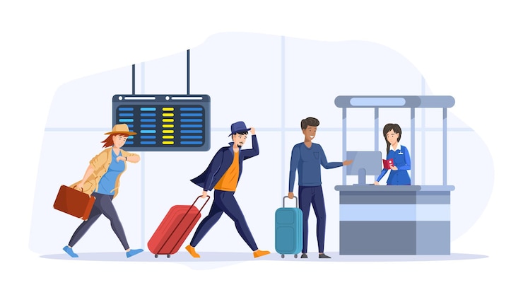 Vecteur les touristes en cours retardent le départ de l'avion à l'intérieur de l'aéroport