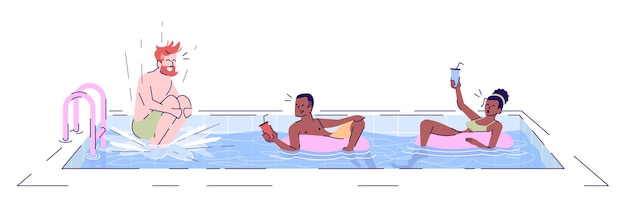 Vecteur touristes dans des illustrations vectorielles plates de piscine. homme barbu sautant dans l'eau. amis nageant dans des anneaux en caoutchouc avec des personnages de dessins animés isolés de cocktails avec des éléments de contour sur fond blanc