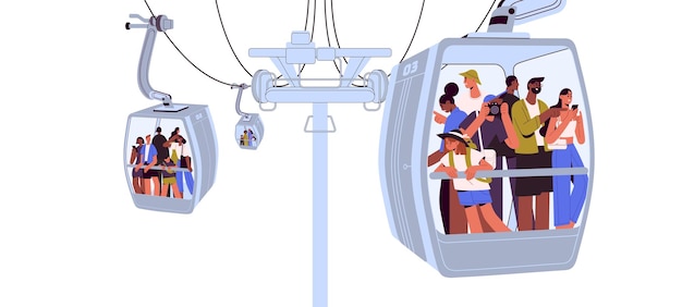 Les touristes voyagent dans la cabine suspendue du téléphérique du téléphérique Passagers à l'intérieur des téléphériques du transport touristique en hauteur Illustration vectorielle plane isolée sur fond blanc