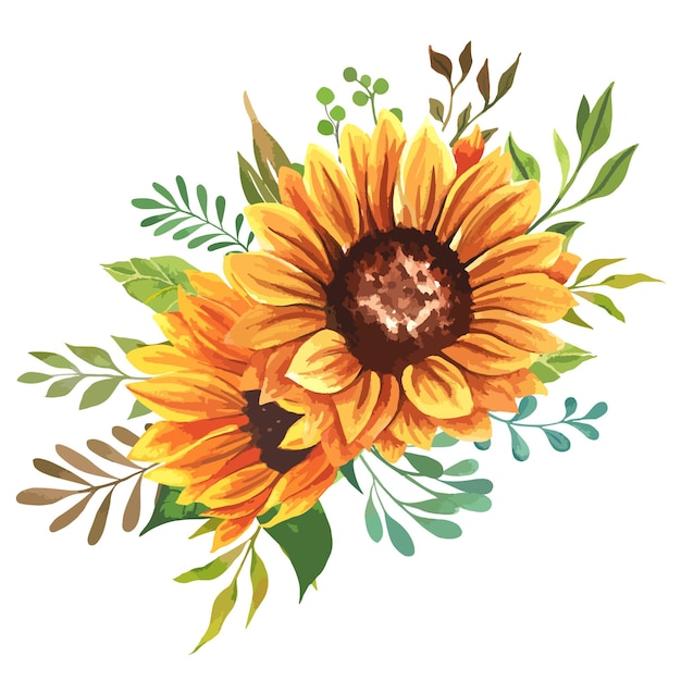 Tournesols à l'aquarelle peints à la main avec des feuilles, illustration botanique florale