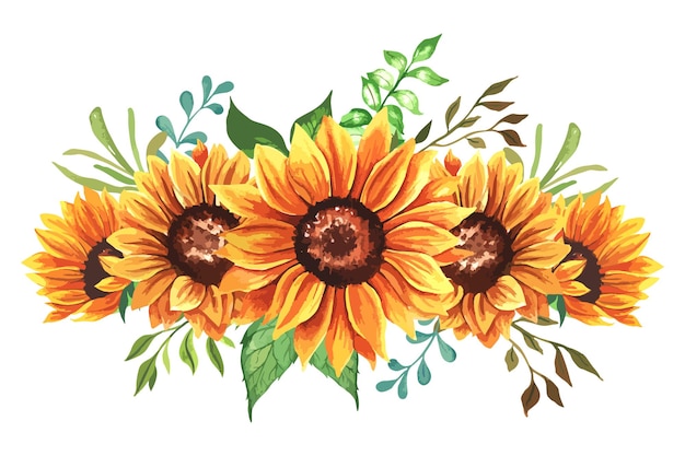 Tournesols à l'aquarelle peints à la main avec des feuilles, illustration botanique florale