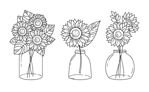 Tournesols Et Bocal Clipart Ensemble Bouquete De Fleurs Sauvages Ligne Blanche Noire Avec Des Tournesols