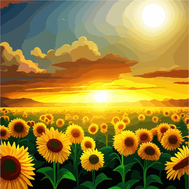 Tournesols De Grand Champ Avec Fond De Ciel Illustration Vectorielle Nature Sur L'agriculture De Journée Ensoleillée