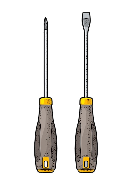 Tournevis à tête plate et cruciforme Illustration de gravure vintage couleur vectorielle Dessin à la main dans un style graphique Isolé sur fond blanc Vue latérale