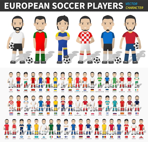 Tournoi de coupe d'Europe de football 2020 et 2021 . Ensemble de joueur de football avec maillot et drapeau national. Design plat de personnage de dessin animé. Fond isolé blanc. Vecteur.