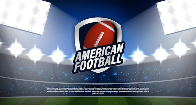 Tournoi de football américain ou de rugby avec championnat de logo emblème balle avec stade et vecteur léger réaliste. pour la ligue, le championnat, le super bowl de sport gagnant