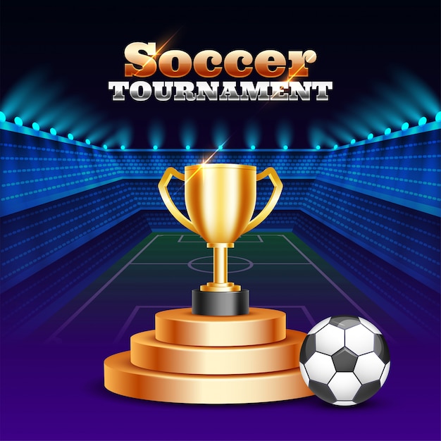 Tournoi de football. Trophée de champion d&#39;or et illustration de ballon de football sur le stade