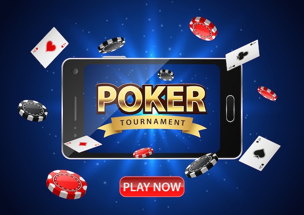 Tournoi De Poker En Ligne Avec Un Téléphone Portable. Bannière De Poker Avec Jetons Et Cartes à Jouer.