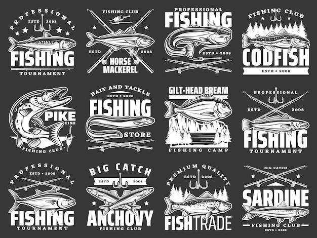 Tournoi de sport de pêche et icônes de capture de gros poissons