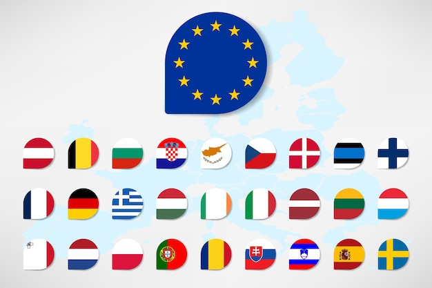 Tous les drapeaux de l'Europe boutons plats rectangulaires ronds isolés sur blanc