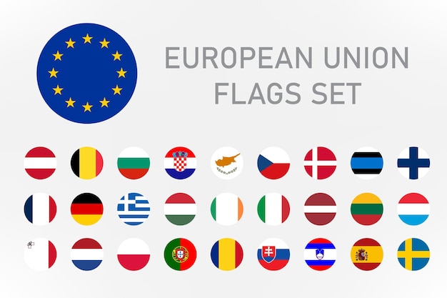 Tous les drapeaux de l'Europe de forme ronde avec des boutons d'ombre isolés sur blanc