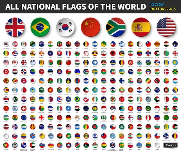 Tous les drapeaux nationaux du monde. Conception de bouton concave de cercle. Vecteur d&#39;éléments