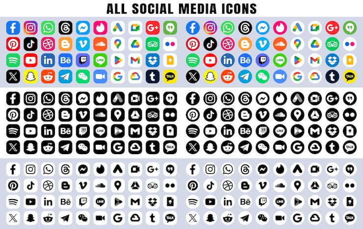 Vecteur tous les médias sociaux vectoriels en noir et blanc icon d'illustration défini facebook youtube whatsapp
