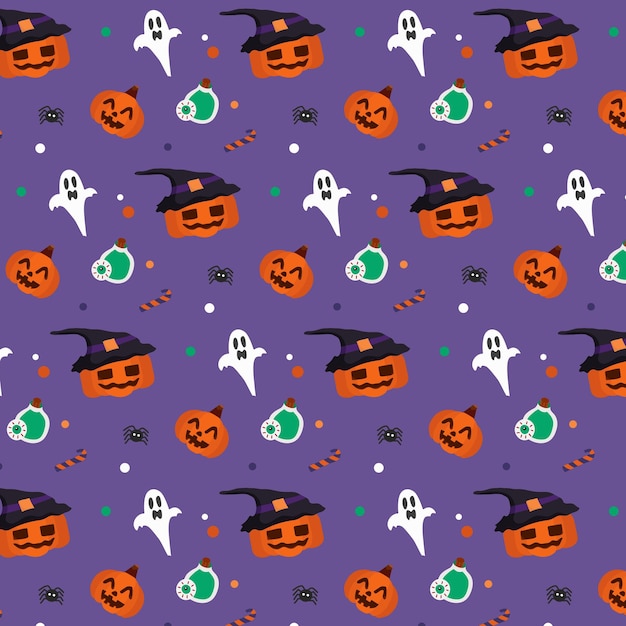 Toutes les citrouilles d'halloween de sorcière et illustration d'élément de sorcière sur fond violet modèle sans couture dans le fond d'Halloween vectoriel